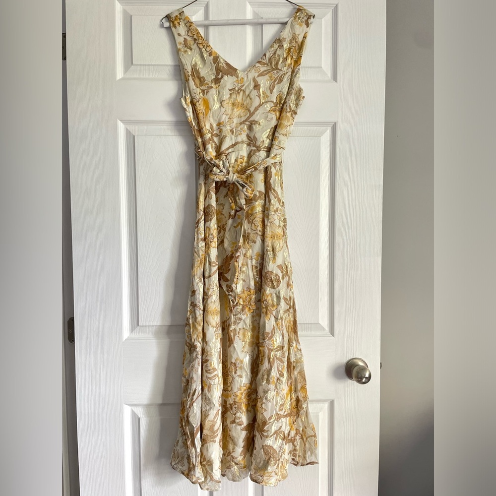 Talbots floral leaf pattern dress - cream tan brown gold yellow midi maxi dress